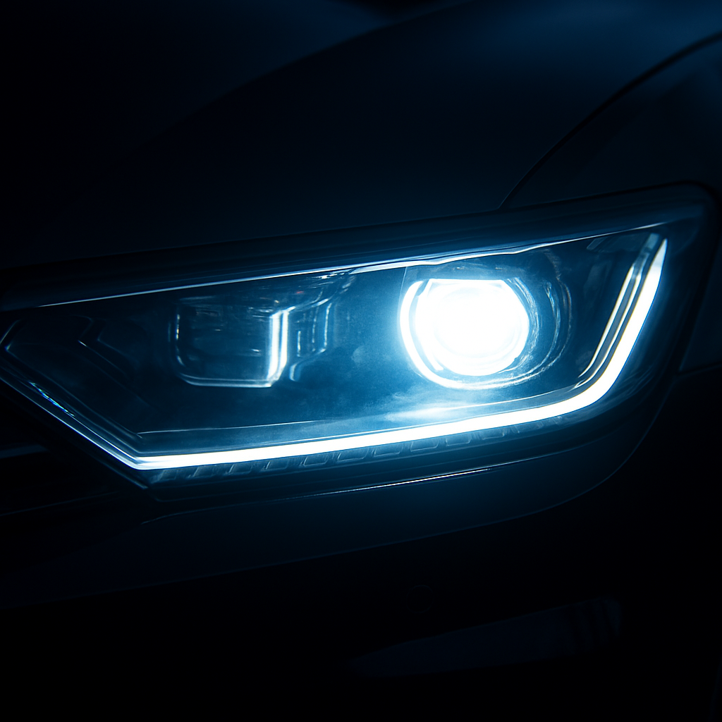 Bright white LED headlight beam glowing at dusk