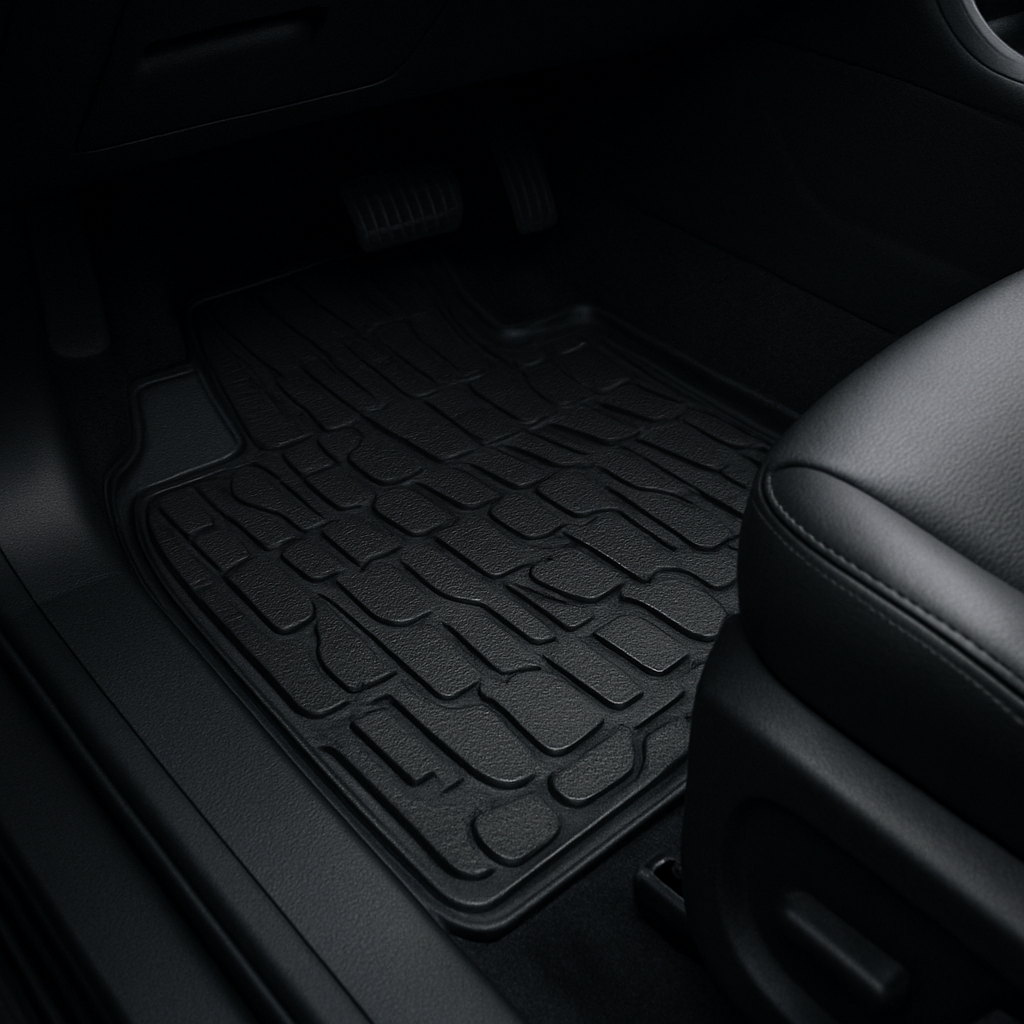 Black all-weather custom-fit floor mats inside a vehicle
