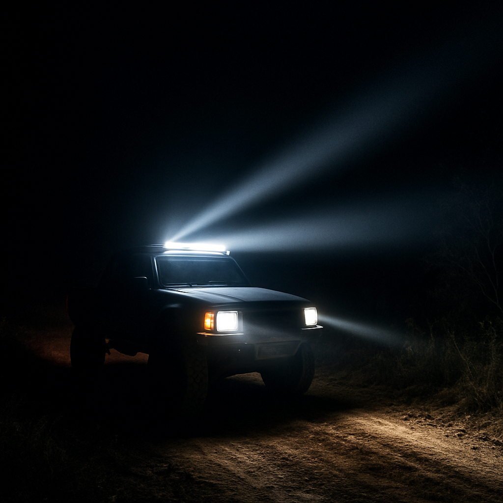 Off-road truck with LED light bar illuminating a dark trail
